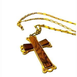 Vintage Cross Gold-Tone Brown Wood Stone Chain Necklace Religious Christmas